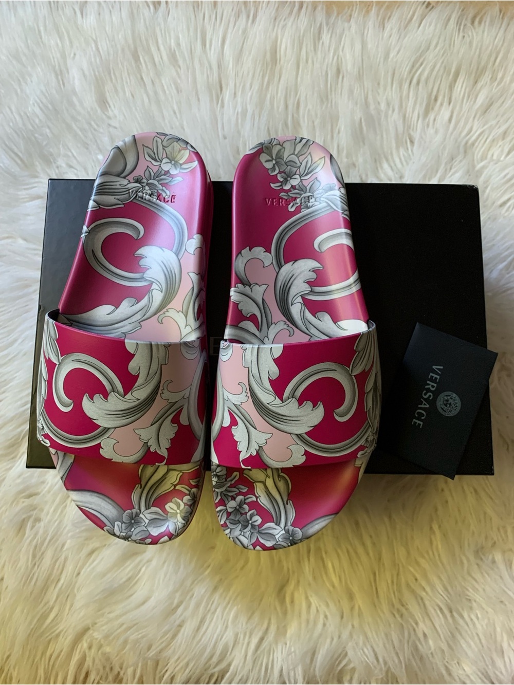 Versace Women’s Pink Barocco Slide Sandals NIB Authentic